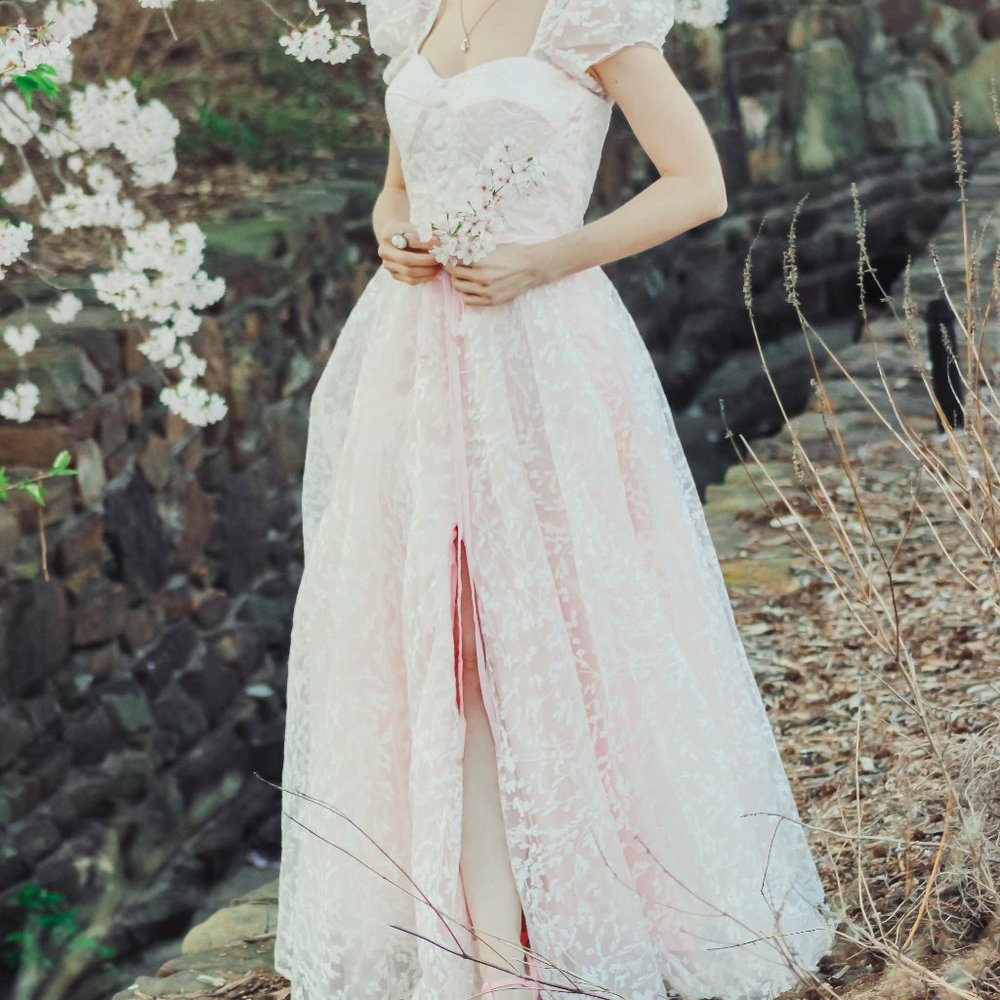 Pink Ivory Lace Floral Floor Length Prom Gown